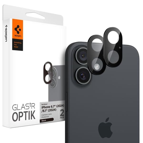 Spigen [2-Pack] iPhone 16/16 Plus Kameralinsskydd Härdat glas Optik Pro - Svart Svart