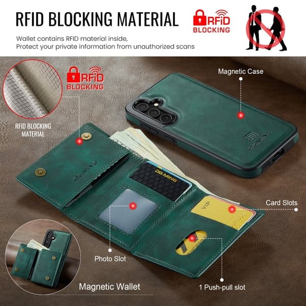 DG.MING M6 Series Konstläder Plånboksfodral för Samsung Galaxy S25+ - Grön