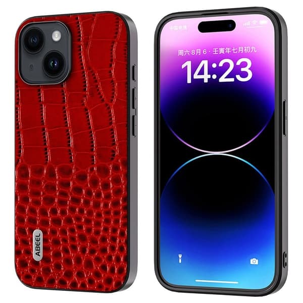 ABEEL Mobilskal till iPhone 15 Plus Krokodiltextur Röd Äkta Läder