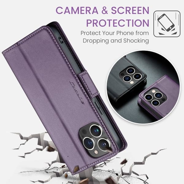 CASEME iPhone 13 Pro Plånboksfodral Konstläder RFID-Skydd 3 Kort Slot Lila