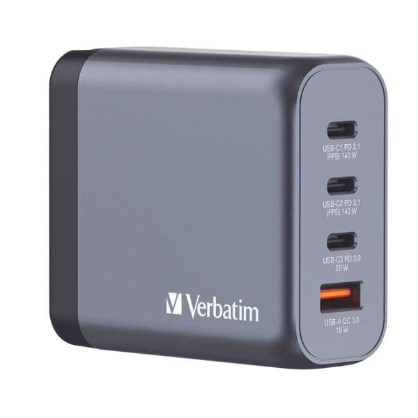 Verbatim Hurtigoplader 200W GaN 3xUSB-C 1xUSB-A EU/UK/USA - Sort Svart