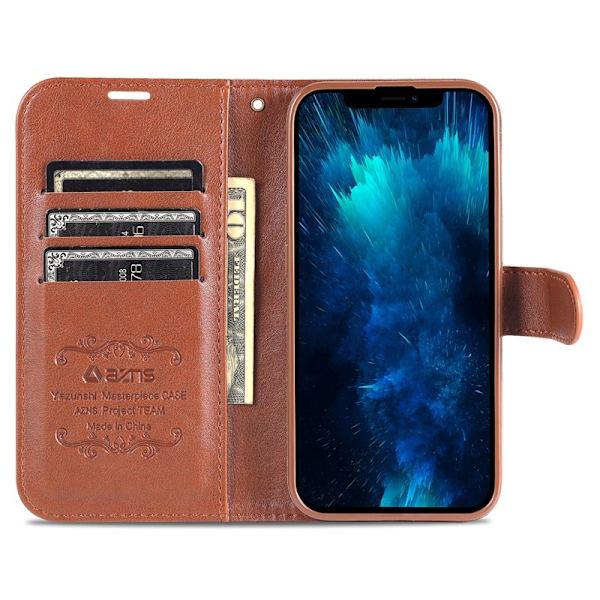 AZNS iPhone 15 Pro Plånboksfodral Konstläder - Full Skydd - Brun