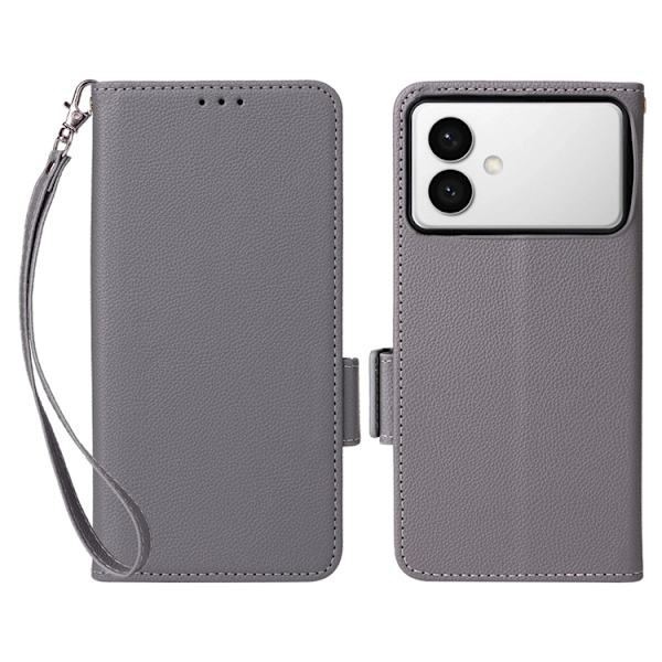 Galaxy S26 Edge Plånboksfodral Litchi Konstläder med Rem - Grå Grå