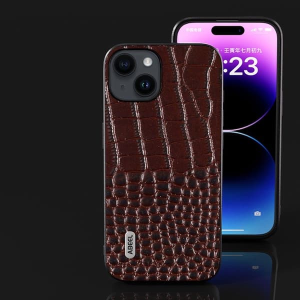 ABEEL Mobilskal till iPhone 15 Anti-fall Krokodiltextur Äkta Läder - Brun
