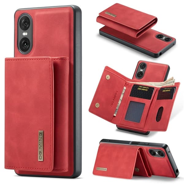 DG.MING Sony Xperia 10 VI Kickstand Konstläder Plånboksfodral Röd