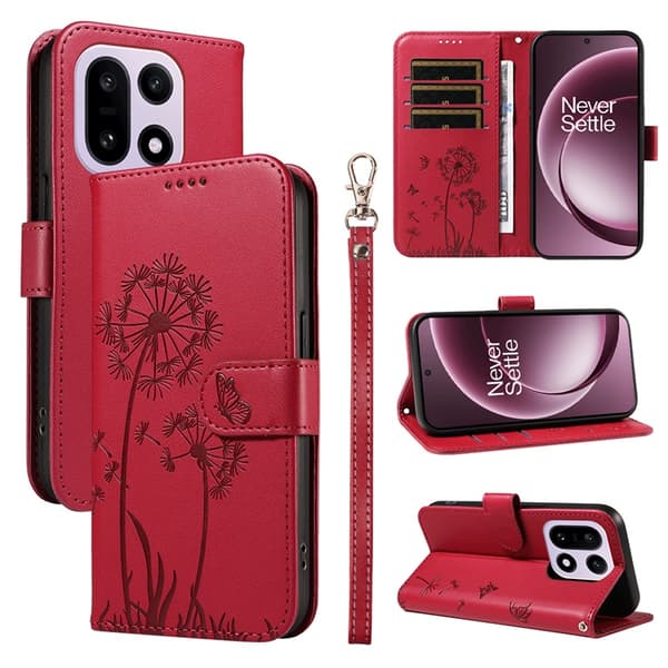 OnePlus 15 5G Plånboksfodral Dandelion Imprint Konstläder Röd