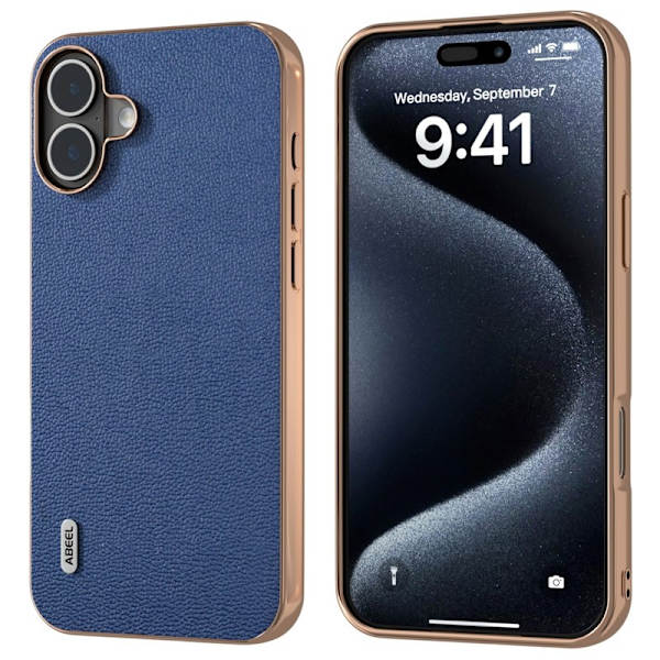 ABEEL Mobilskal till iPhone 16 Plus Electroplating Äkta Läder Blå