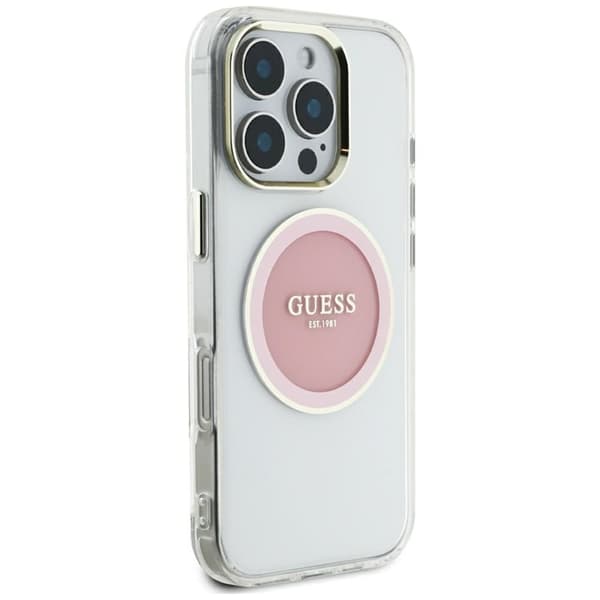 Guess Mobilskal till iPhone 16 Pro MagSafe Metal Circle Logo - Rosa Rosa