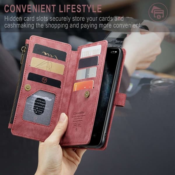 CASEME Konstläder Plånboksfodral för iPhone 11 Pro Max med Rem - Röd