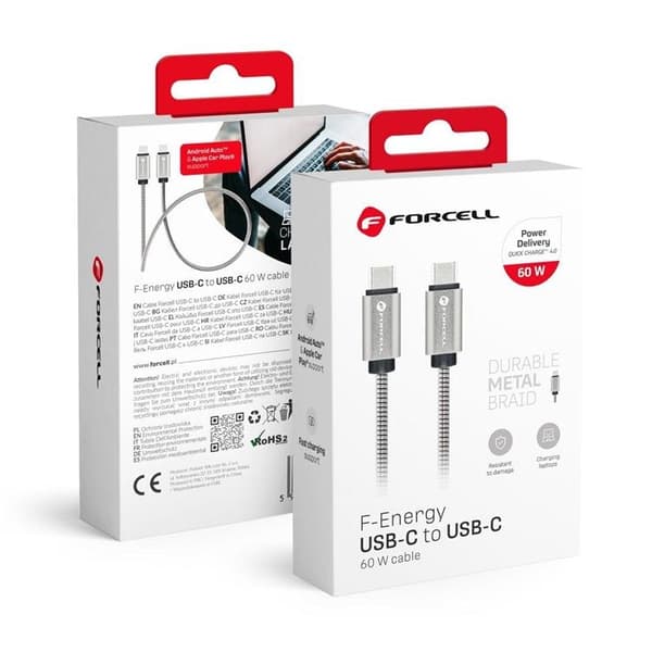 Forcell USB-C till USB-C kabel C239 1m E-Mark Metal - Silver Silver