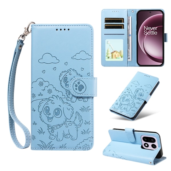 OnePlus 15 Konstläder Plånboksfodral RFID-Skydd Imprinted Dog Pattern Blå