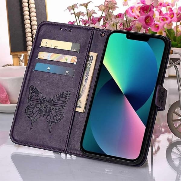 iPhone 14 Pro Max -lompakkokotelo Butterfly Flower Imprinted - Lila Lila