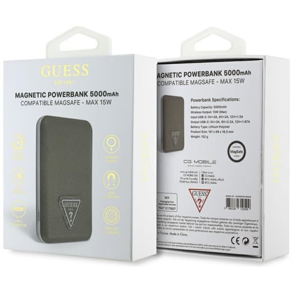 Guess MagSafe Trådlös Power Bank 5000mAh 15W USB-C Grained Triangle Inductive Brun