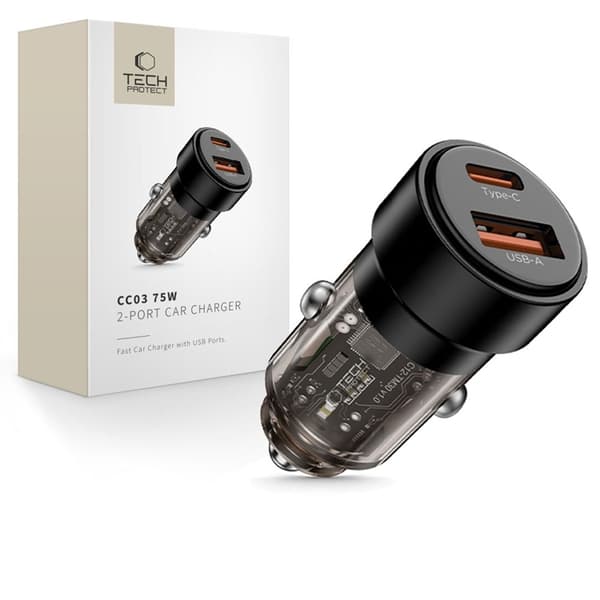Tech Protect Biloplader USB-A Til USB-C 75W - Sort Svart