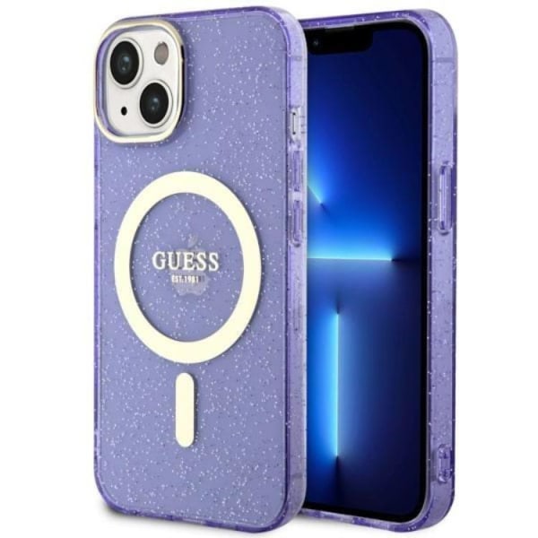 Guess iPhone 14 Plus Mobilcover MagSafe Glitter Guld - Lilla