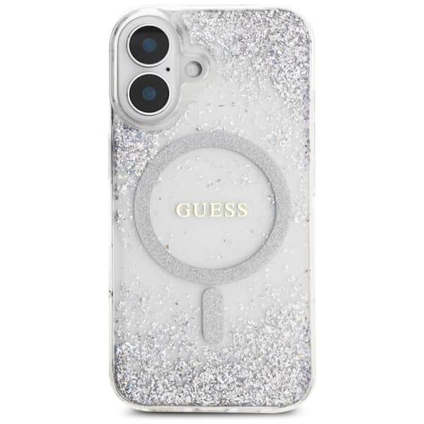Guess Mobilskal till iPhone 16 MagSafe HC Resin Bottom Glitter - Silver Silver
