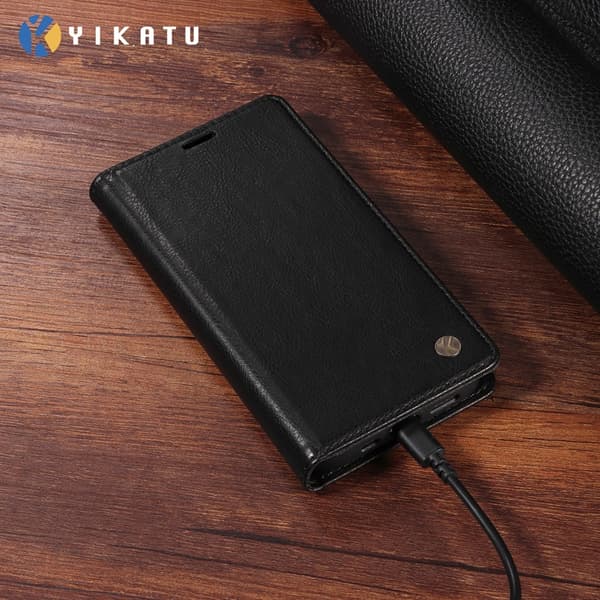 YIKATU OnePlus 15 Plånboksfodral Litchi Closure Konstläder Svart