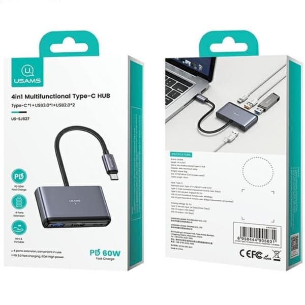 USAMS 4in1 Adapter Hubb USB-C 2xUSB 2.0. USB 3.0 - Grå Grå