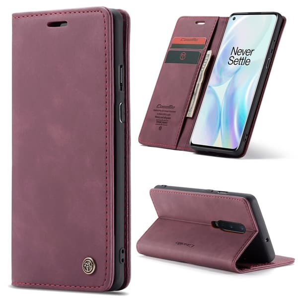 CASEME 013 Series Konstläderplånboksfodral för OnePlus 8 - Vinröd