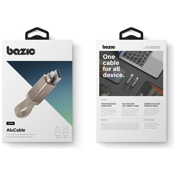 Bazic USB-C/USB-A till USB-C/Lightning 60W Kabel 15cm 3A Alucable GoCharge Guld