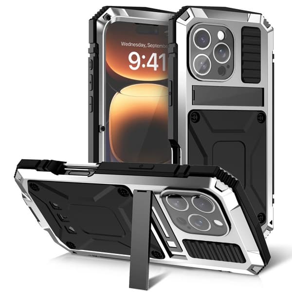 R-JUST Mobilskal till iPhone 16 Pro PC+Silicone+Metal Ställ Silver