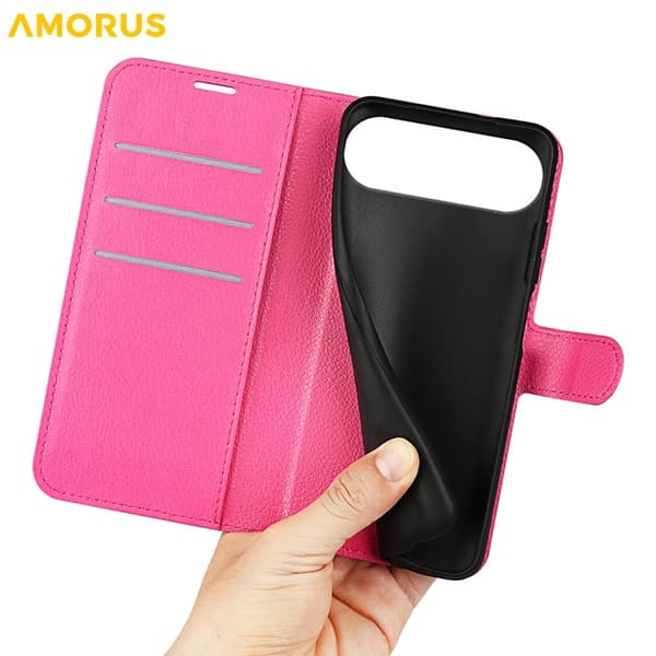 AMORUS iPhone Air Konstläder Plånboksfodral Flipstativ Litchi - Rosa Rosa