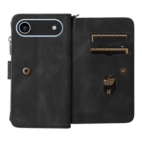 iPhone 17 Air Konstläder Plånboksfodral Zipper Rem Svart