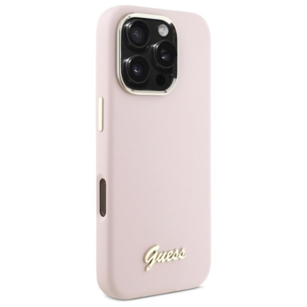 Guess Mobilskal till iPhone 16 Pro Silikon Script Metal Logo - Rosa Rosa