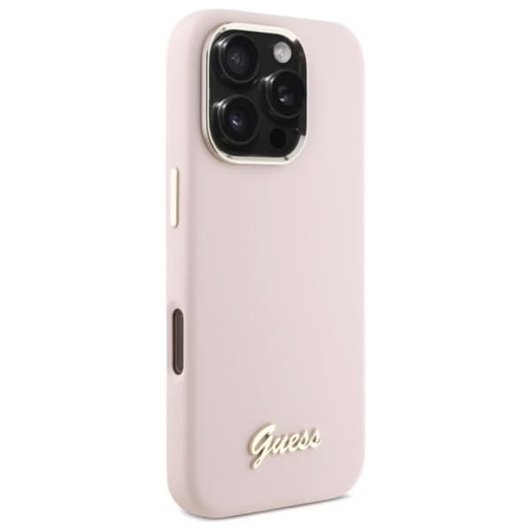 Guess Telefontaske til iPhone 16 Pro Silicone Script Metal Logo - Lyserød Rosa