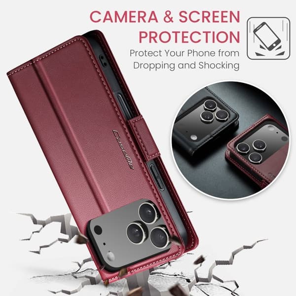 CASEME 023 iPhone 17 Pro Max Konstläder Plånboksfodral RFID-Skydd Röd