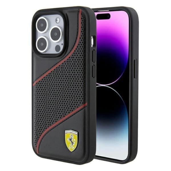 Ferrari iPhone 15 Pro Mobiltaske Perforeret Waves Metal Logo - Sv