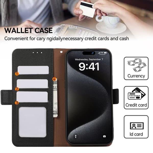 ABEEL iPhone 15 Pro Plånboksfodral RFID-Skydd Litchi Konstläder Svart