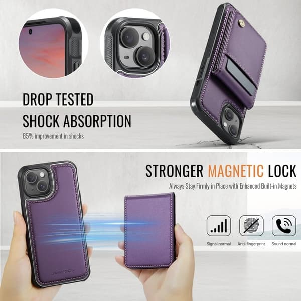 JEEHOOD J06 Mobilskal till iPhone 15 Plus Läder MagSafe RFID Blockering Lila