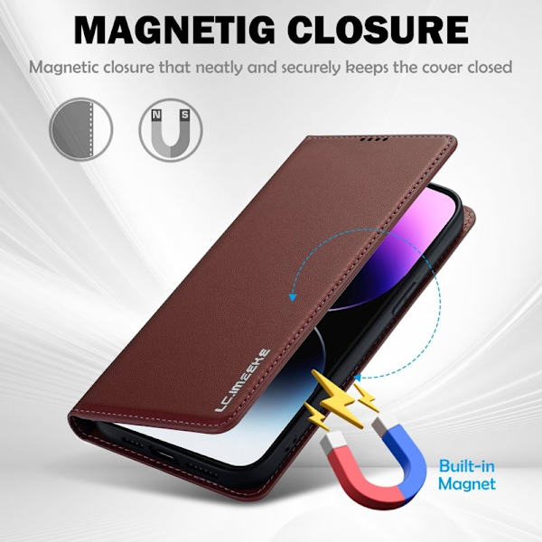 LC.IMEEKE L1 Series iPhone 16 Pro Max Plånboksfodral Konstläder - Brun