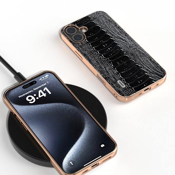 ABEEL iPhone 16 Plus Plånboksfodral Electropläterad Äkta Läder Svart