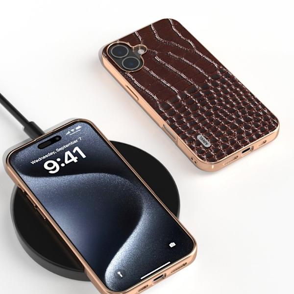 ABEEL Mobilskal till iPhone 16 Plus Electropläterad Äkta Läder - Brun