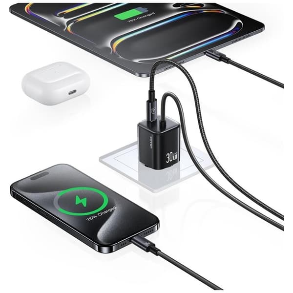USAMS Hurtigoplader 30W 2xUSB-C GaN Mini JC - Hvid Vit