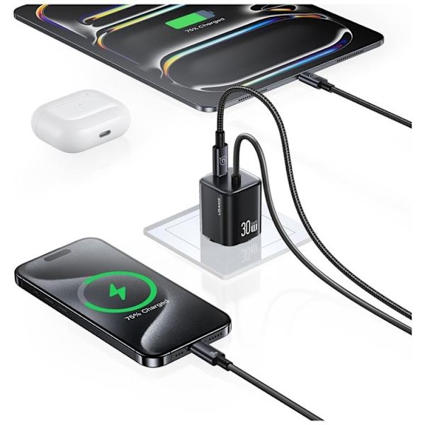 USAMS Snabbladdare 30W 2xUSB-C GaN Mini JC - Vit Vit