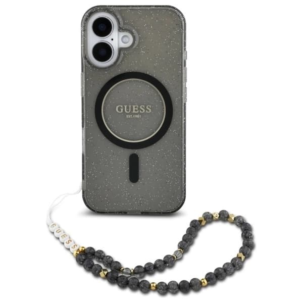 Guess Mobilskal till iPhone 16 MagSafe IML Glitter Med Strap - Svart Svart