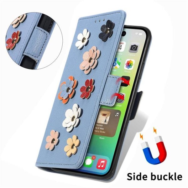 iPhone 14 -lompakkokotelo Flower Decor Magneettinen - sininen
