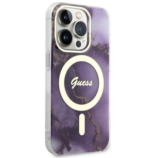 Guess iPhone 14 Pro Mobilskal MagSafe Guld Marble - Lilla Lila