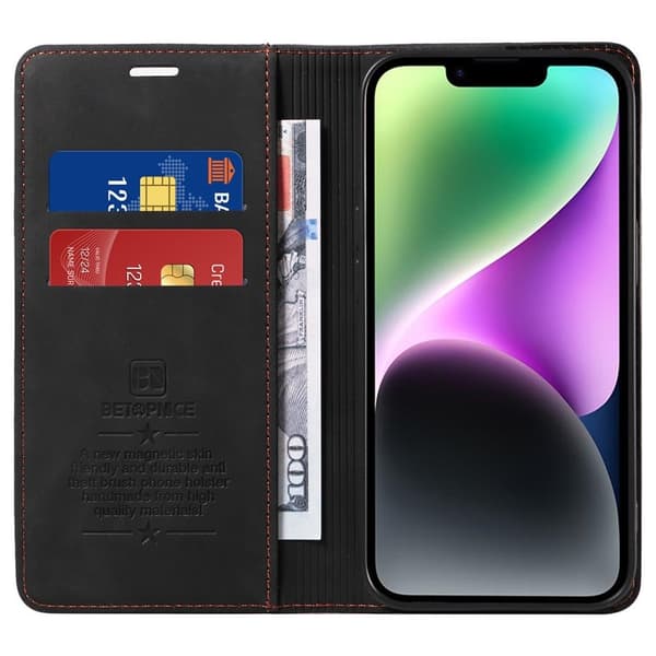 BETOPNICE 003 iPhone 15 Plus Plånboksfodral Konstläder - Svart