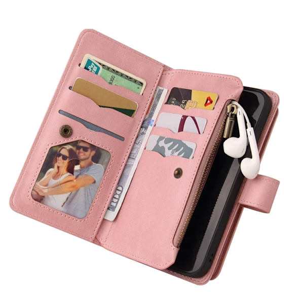 iPhone 17 Konstläder Plånboksfodral Zipper Rem Rosa