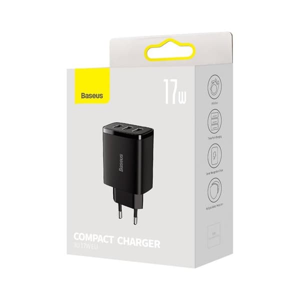 Baseus Kompakti seinälaturi 3x USB 17W - Musta Black