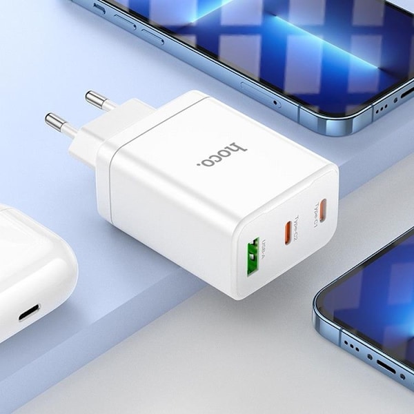 Hoco Väggladdare 35W 2xType C + USB A N33 - Vit
