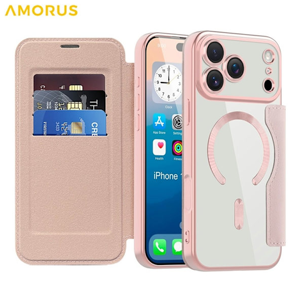 AMORUS iPhone 17 Pro Plånboksfodral MagSafe RFID-Skydd - Rosa Rosa