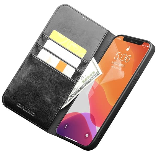 QIALINO iPhone 12 Pro Max Plånboksfodral Äkta Läder Shockproof - Svart Svart