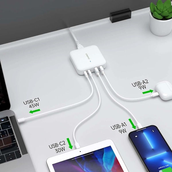 Choetech GaN Snabbladdare 100W 2xUSB-A 2xUSB-C - Vit