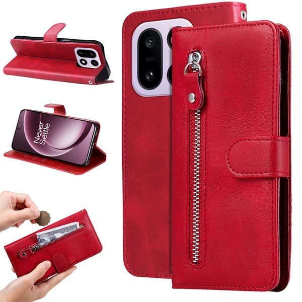 OnePlus 15 5G Plånboksfodral Zipper Pocket Konstläder - Röd Röd