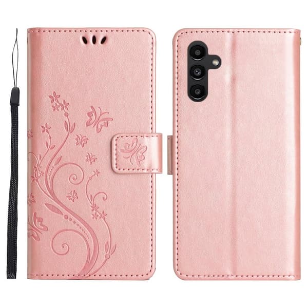 Samsung Galaxy S26 Plus Plånboksfodral Konstläder Blomma Prägling - Roséguld